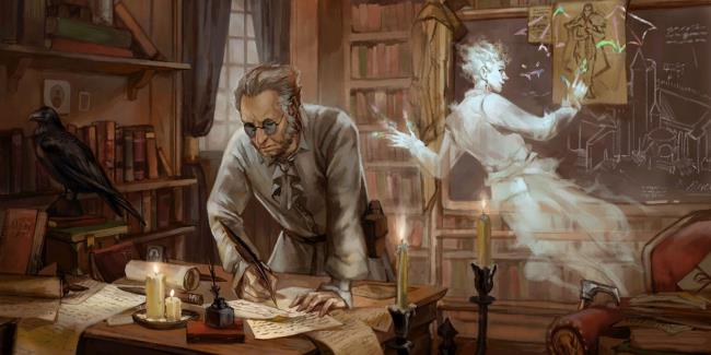 Van Richten and a ghost studying docu<em></em>ments and writing on a board