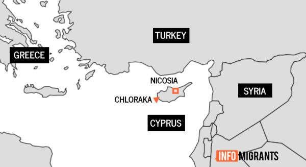 The map shows Chloraka in the Paphos district of Cyprus, wher<em></em>e violence has co<em></em>ntinued over two nights | Source: InfoMigrants