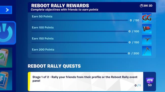 A list of progression towards Reboot Rally Quests with their item rewards.