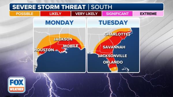Severe storm threat map in south, showing Alabama, Texas, Georgia, Florida