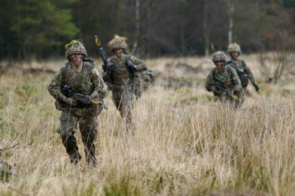 OTTERBURN, NORTHUMBERLAND - MARCH 22: Junior soldiers from Alamein Company of the Army Foundation College in Harrogate co<em></em>nduct section attacks during an exercise on Otterburn Ranges in Northumberland on March 22, 2023 in Otterburn, Northumberland. The exercise comes mid-way through their year long training at AFC Harrogate and is a progression assessment of their field craft and tactical skills. (Photo by Ian Forsyth/Getty Images)