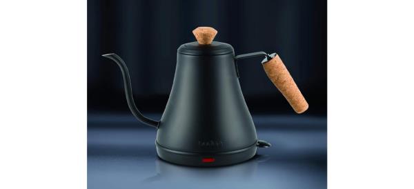 Black Bodum Melior Gooseneck Electric Water Kettle on gradient black background