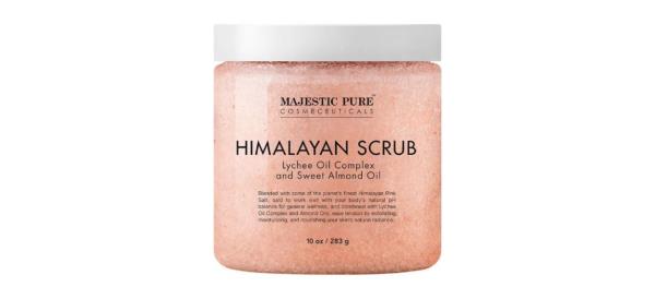 Himalayan Pink Salt Body Scrub tub on white background; text says it co<em></em>ntains lychee oil complex and sweet almond oil