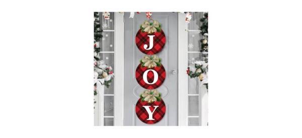 OuMuaMua Buffalo Plaid Christmas Wreath 3-piece Door Hanger, making up a 3-piece red sign that spells out 