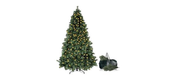 Okicoler 6.5-foot Pre-Lit Artificial Holiday Christmas Spruce Tree next to a carrying bag