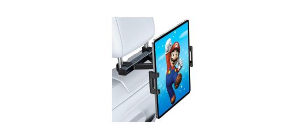 A tablet holder holding an iPad on the back of a car headrest. Nintendo's Mario character is shown on the screen.
