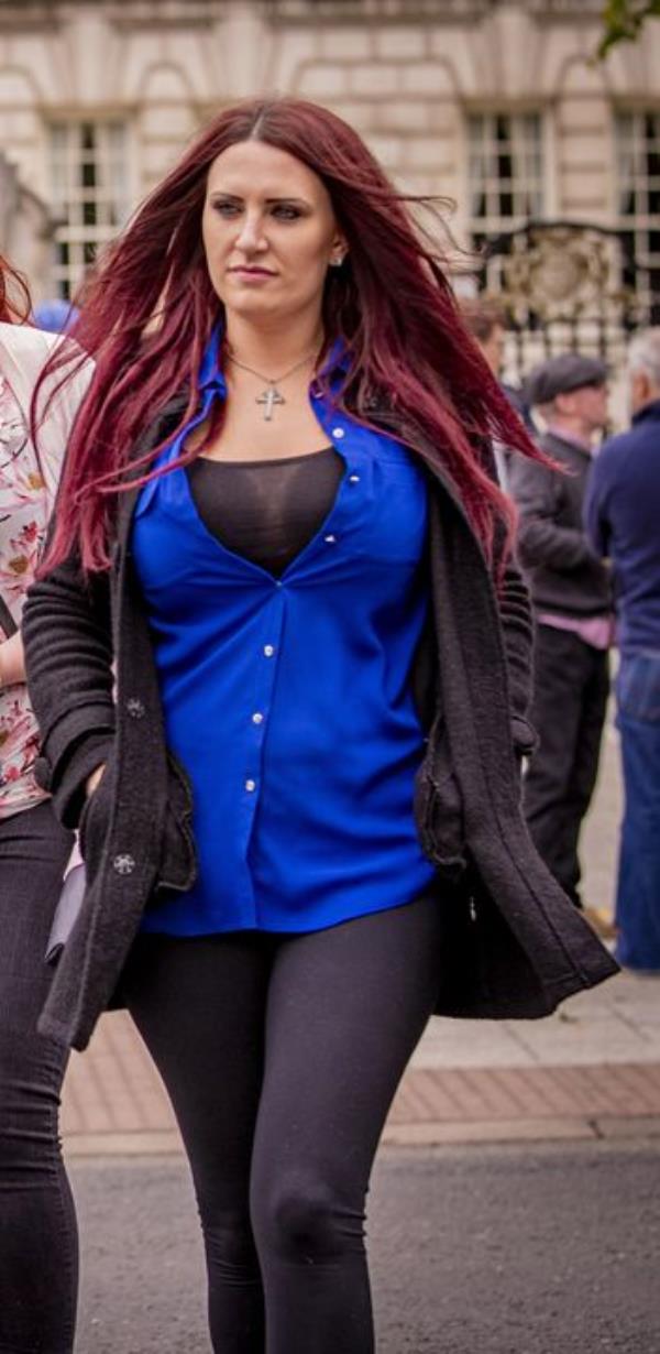 Jayda Fransen outside Belfast City Hall during a protest