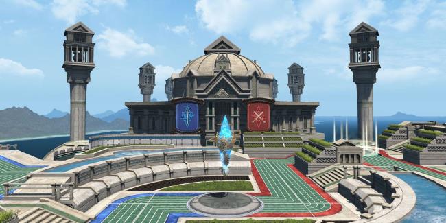 A Crystalline Co<em></em>nflict stage, showcasing the Crystal in the middle of the map that both teams have to co<em></em>ntest over in Final Fantasy 14