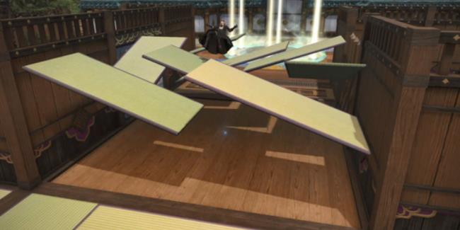 A look at a player getting flung into the air by the Tatami Mat Trick Floors in The Clockwork Castletown PvP Map for Crystalline Co<em></em>nflict in Final Fantasy 14