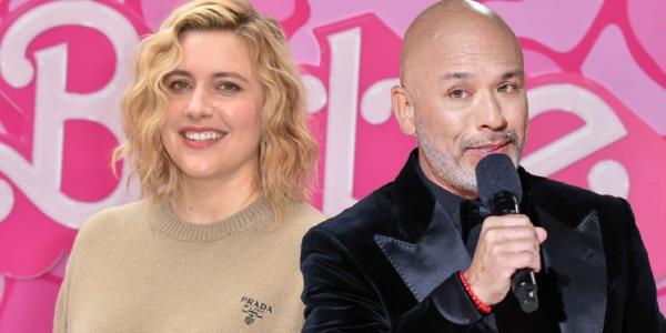 Greta Gerwig and Jo Koy with a Barbie Logo behind them
