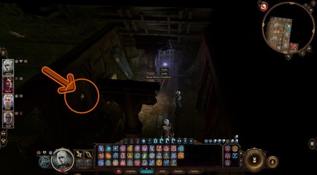 Second Button in Szarr Hidden Attic circled and highlighted on dark wall in Baldur's Gate 3