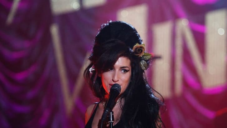 Amy Winehouse performs at the Riverside Studios for the 50th Grammy Awards ceremony via video l<em></em>ink on February 10, 2008 in London, England.
