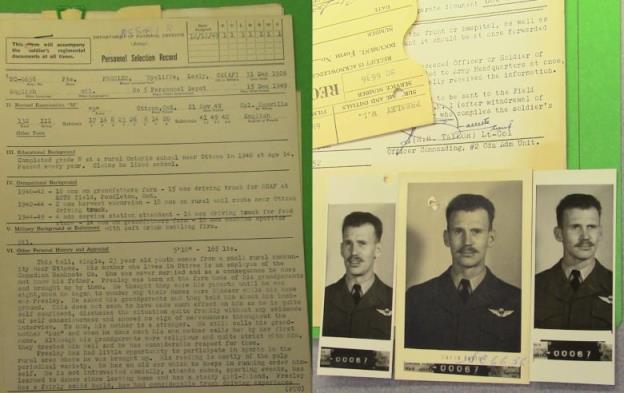 A page from a military perso<em></em>nnel selection record on the left, and three photographs of a man in a military uniform on the right. 