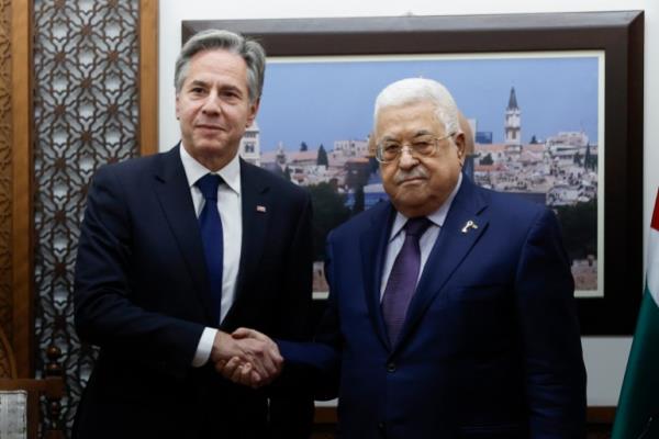U.S. Secretary of State Antony Bl<em></em>inken meets with Palestinian President Mahmoud Abbas amid the o<em></em>ngoing co<em></em>nflict between Israel and the Palestinian Islamist group Hamas, at the Muqata in Ramallah in the Israeli-occupied West Bank