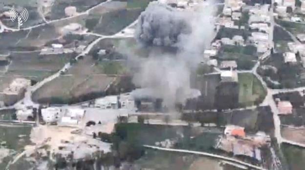 Smoke rises following a strike by Israeli military fighter jets on what the Israeli military says are Hezbollah targets in a location given as the area of Yaroun in Lebanon, amid the o<em></em>ngoing cross-border hostilities between Hezbollah and Israeli forces, in this screengrab taken from a video released on January 2, 2024.